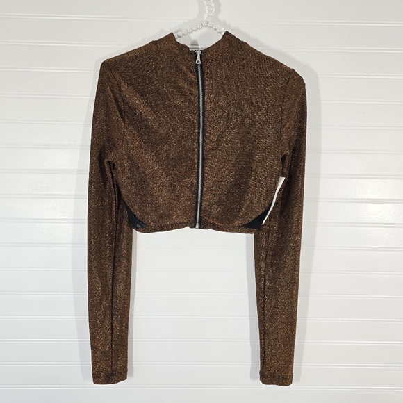 NWT Bardot Tuscany Long Sleeve Lurex Crop Top in Bronze Lur Medium - Picture 5 of 10